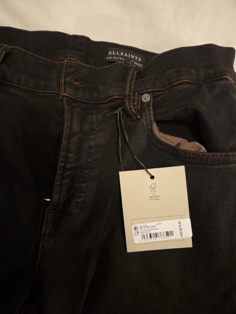 AllSaints Sid Ultra Slim Jeans in Black with Brown Stitching